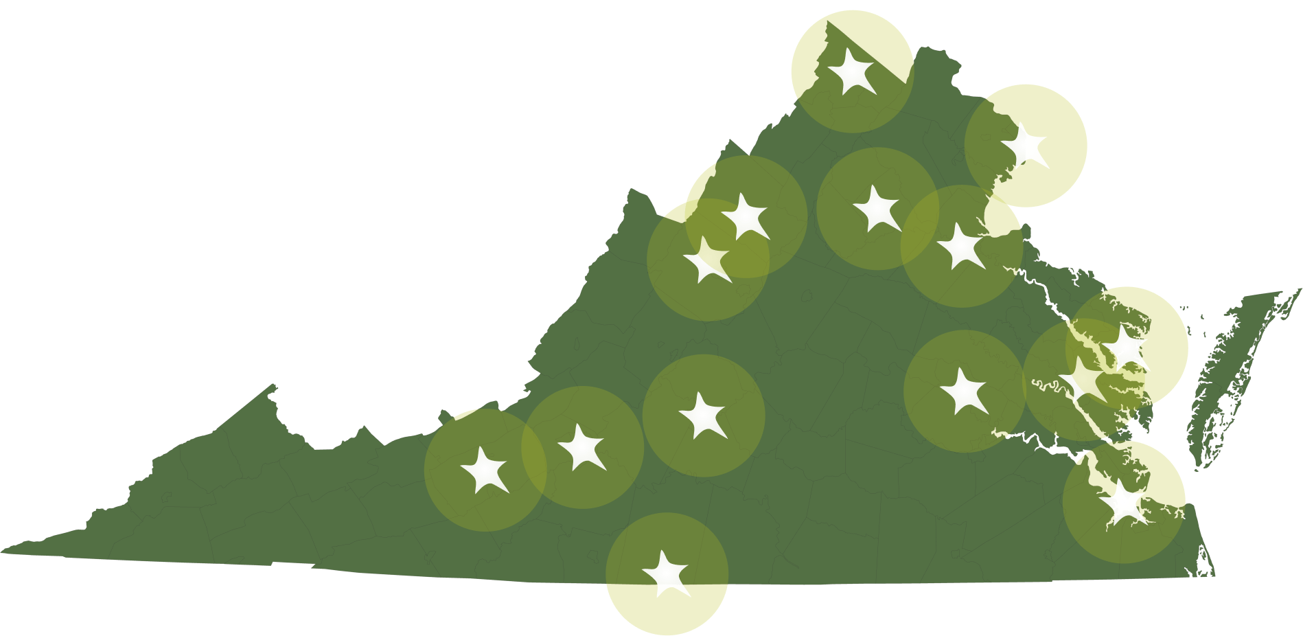 digital rendering of Kentucky in green with several white stars with yellow circles around them on the cities