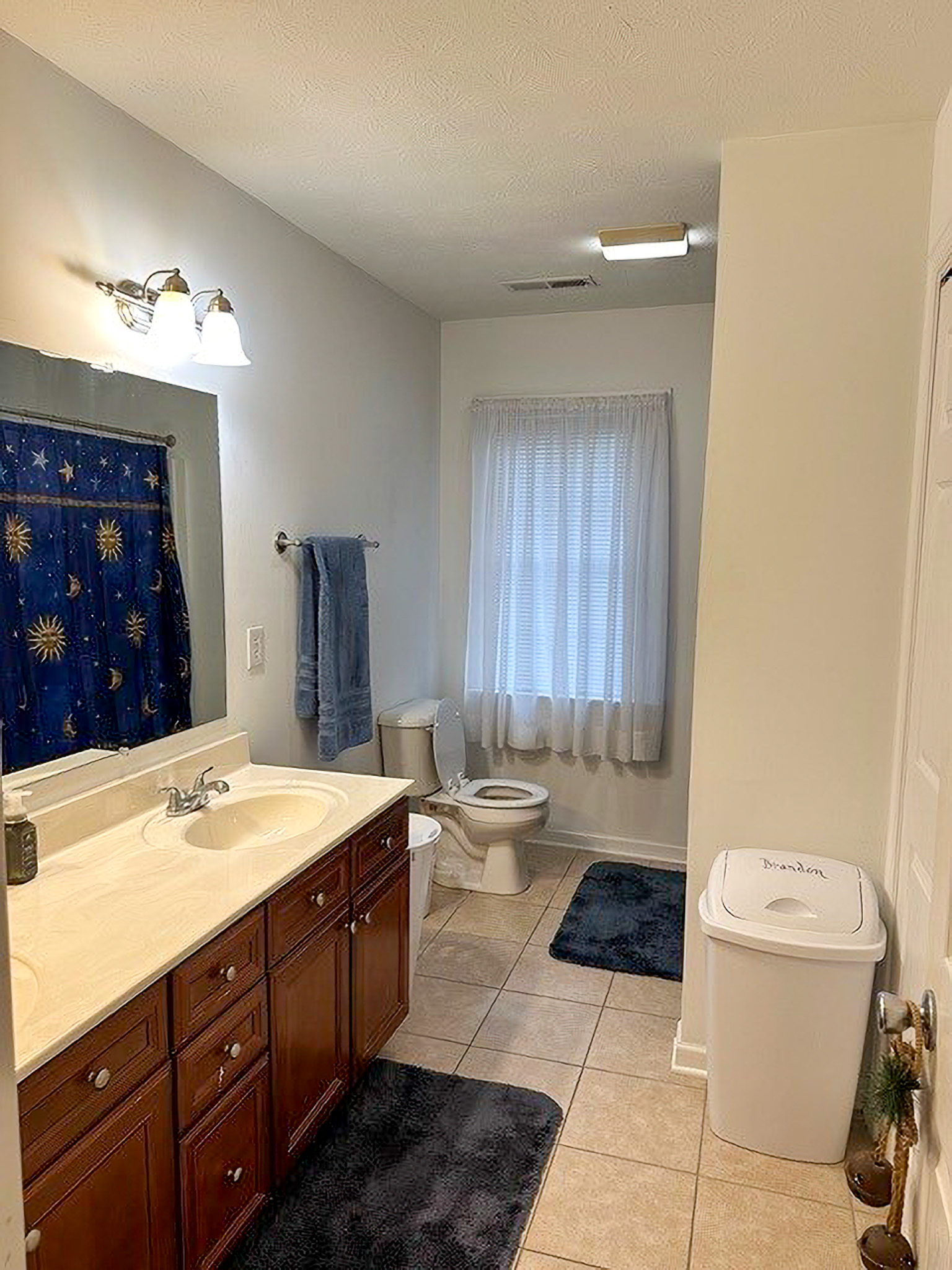Bathroom with a long vanity, shower curtain with a blue pattern, toilet near a window with sheer curtains, and dark floor mats inside the home of Sponsored Residential Providers Nancy and Zach Kaplan in Waynesboro, Virginia.