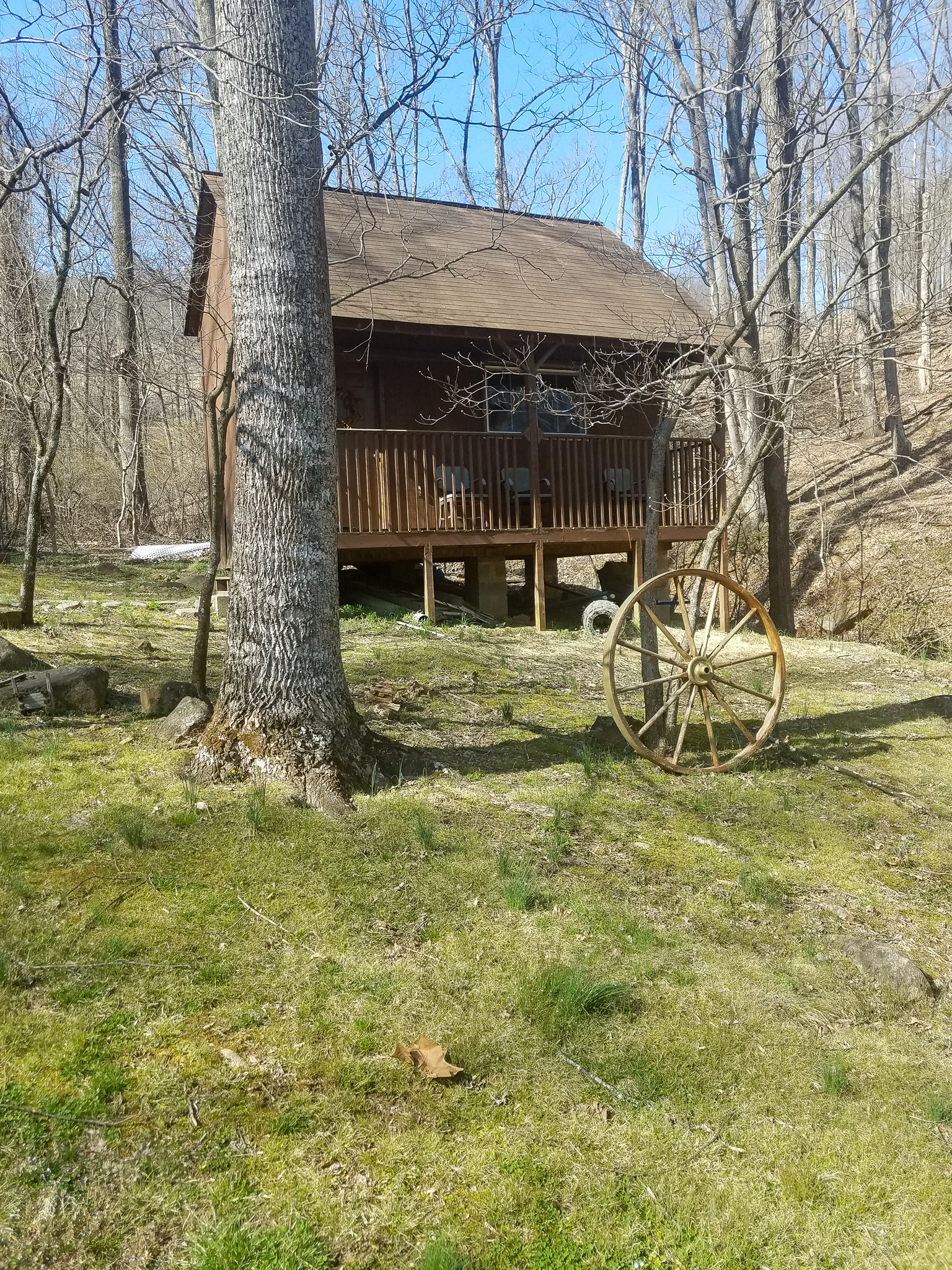 A treehouse on short stilts in a clearing, with mossy grass, leafless trees, and an old wagon wheel in the foreground on the property of Sponsored Residential Provider Sharon Litchford in Monroe, Virginia.