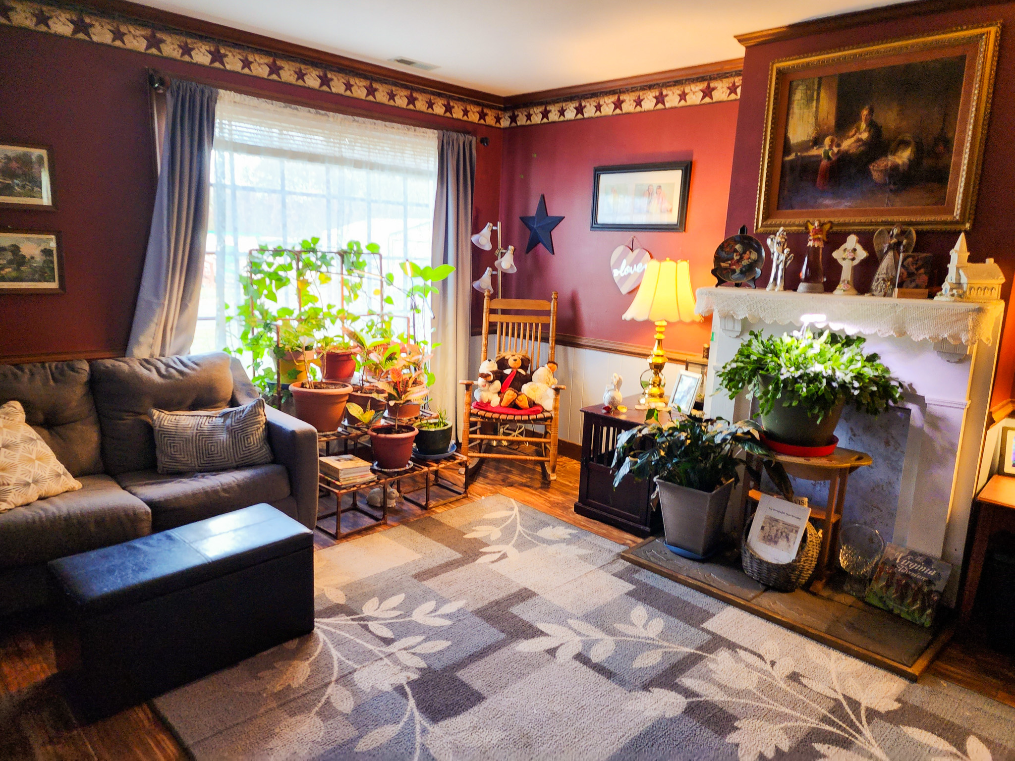 Living room with red walls, a large window with plants on the sill, a sofa, and a fireplace decorated with lamps and greenery inside the home of Sponsored Residential Provider Angela Justice in Mathews, Virginia.