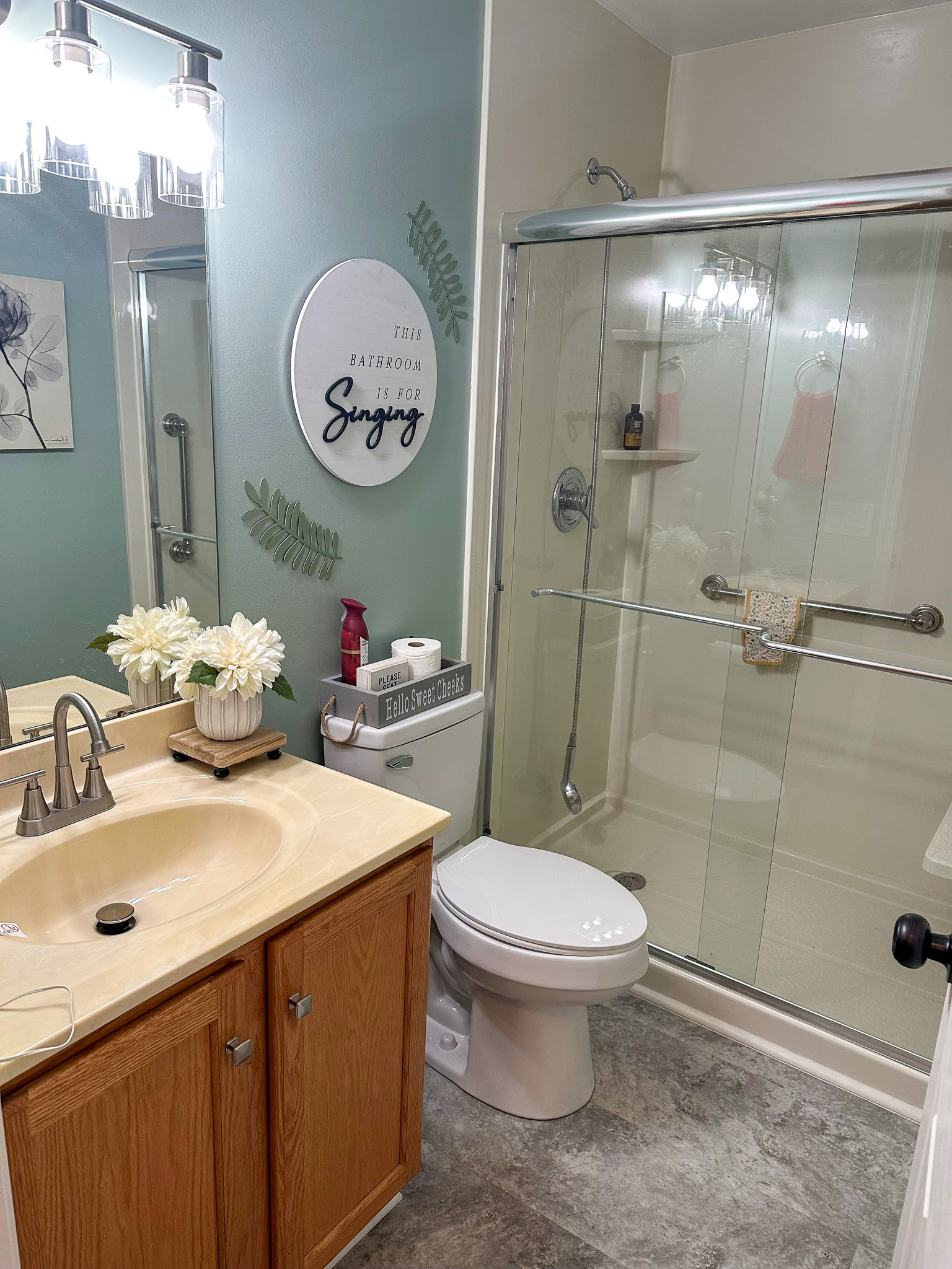 Bathroom with a light wood vanity, single sink, large mirror, toilet, and a glass‑door shower with built‑in shelves, featuring soft teal and white walls and decorative accents inside the home of  Sponsored Residential Provider Gabrielle Straway in Grottoes, Virginia.