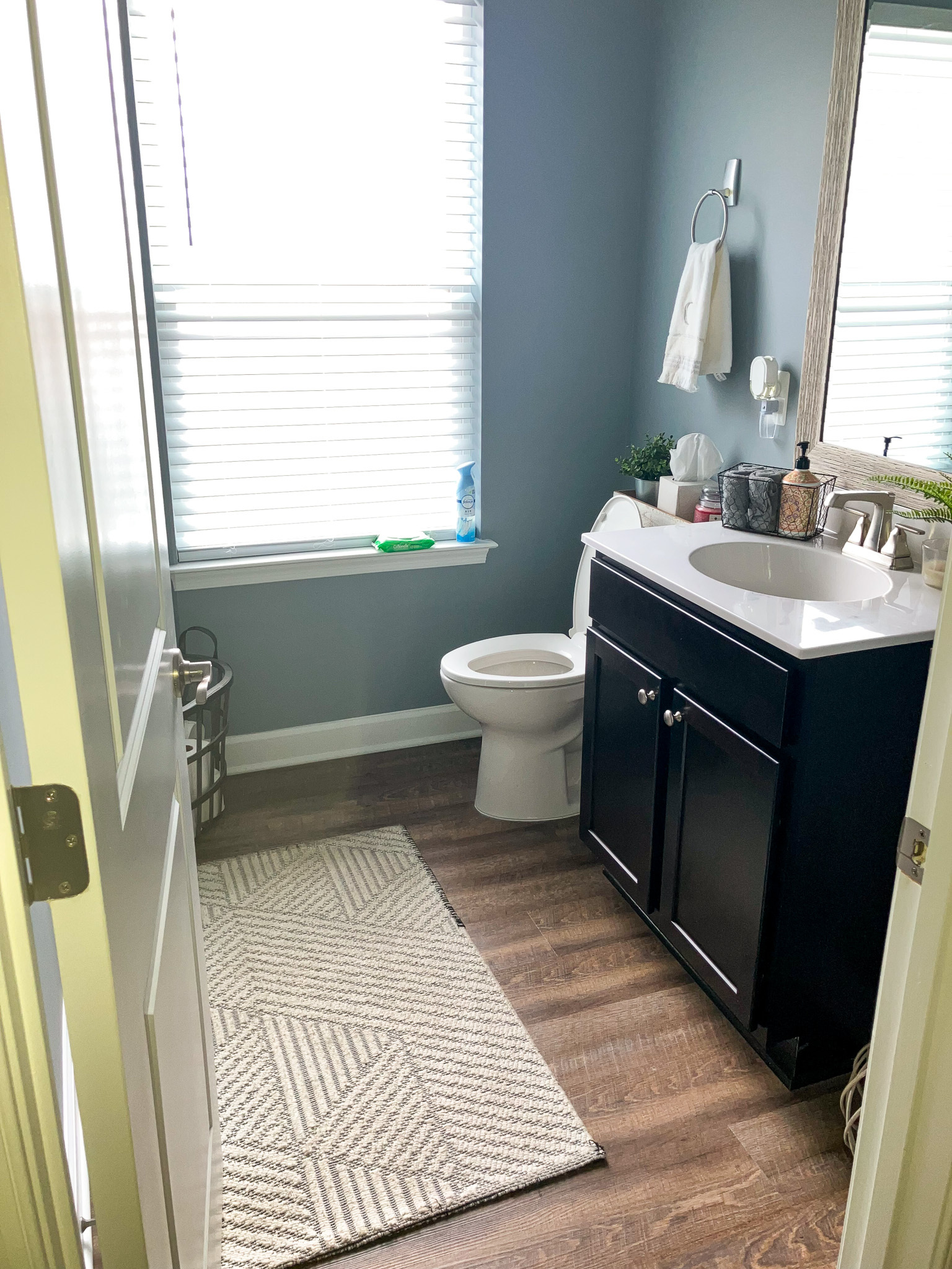 Small bathroom with a window, toilet, dark vanity, and a white rug on wood‑style flooring inside the home of Sponsored Residential Providers Crystal and Christopher Cameron in Fredericksburg, Virginia.