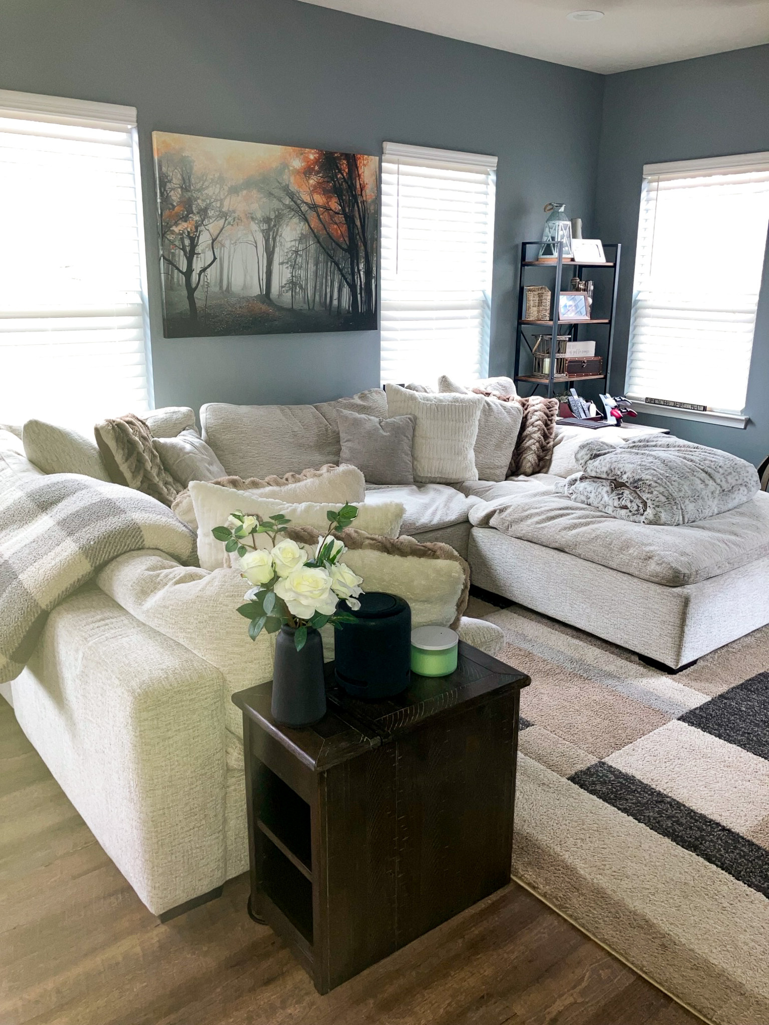 Living room with a light‑colored sectional sofa, small side table with flowers, wall art, and windows providing natural light inside the home of Sponsored Residential Providers Crystal and Christopher Cameron in Fredericksburg, Virginia.