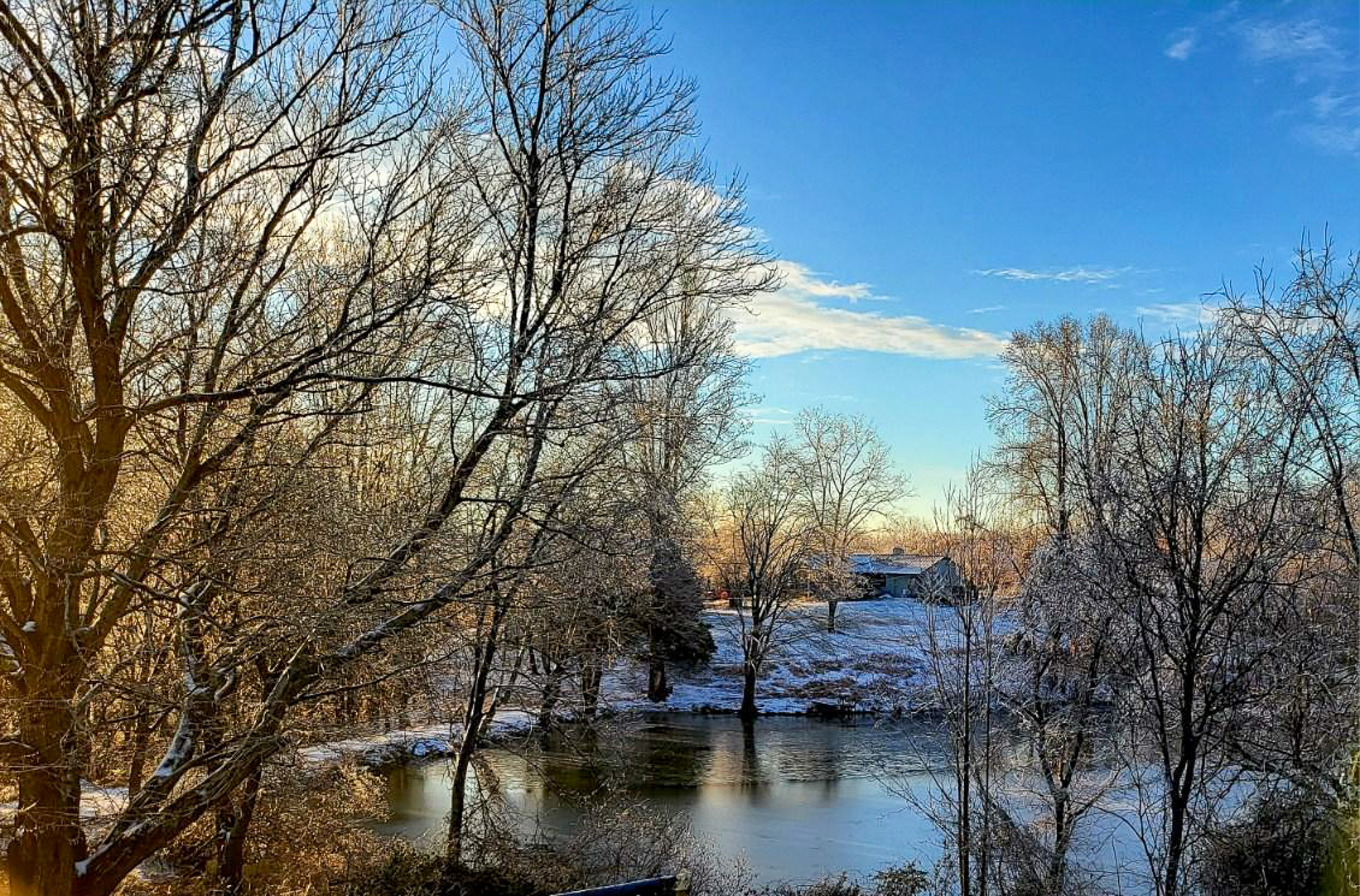 A pond is surrounded by tall trees with a house visible in the distance at the home of Sponsored Residential Providers Scott and Tedra Flanders in Lynchburg, Virginia.