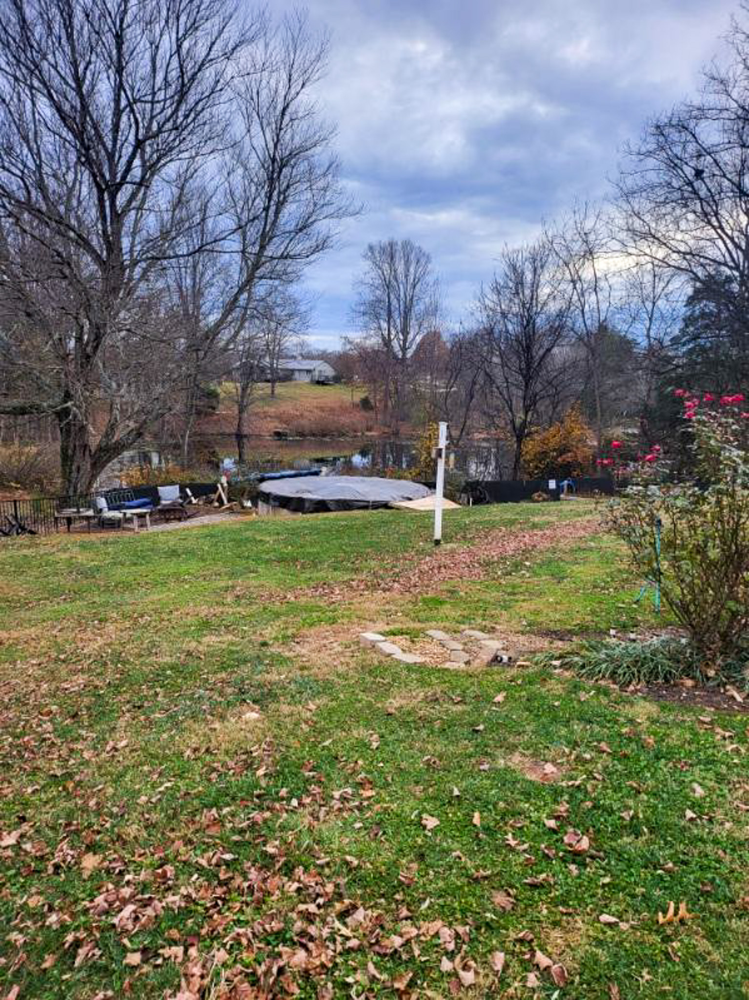 A grassy yard with scattered leaves leads down to a small pond bordered by bare trees and a few shrubs at the home of Sponsored Residential Providers Scott and Tedra Flanders in Lynchburg, Virginia.