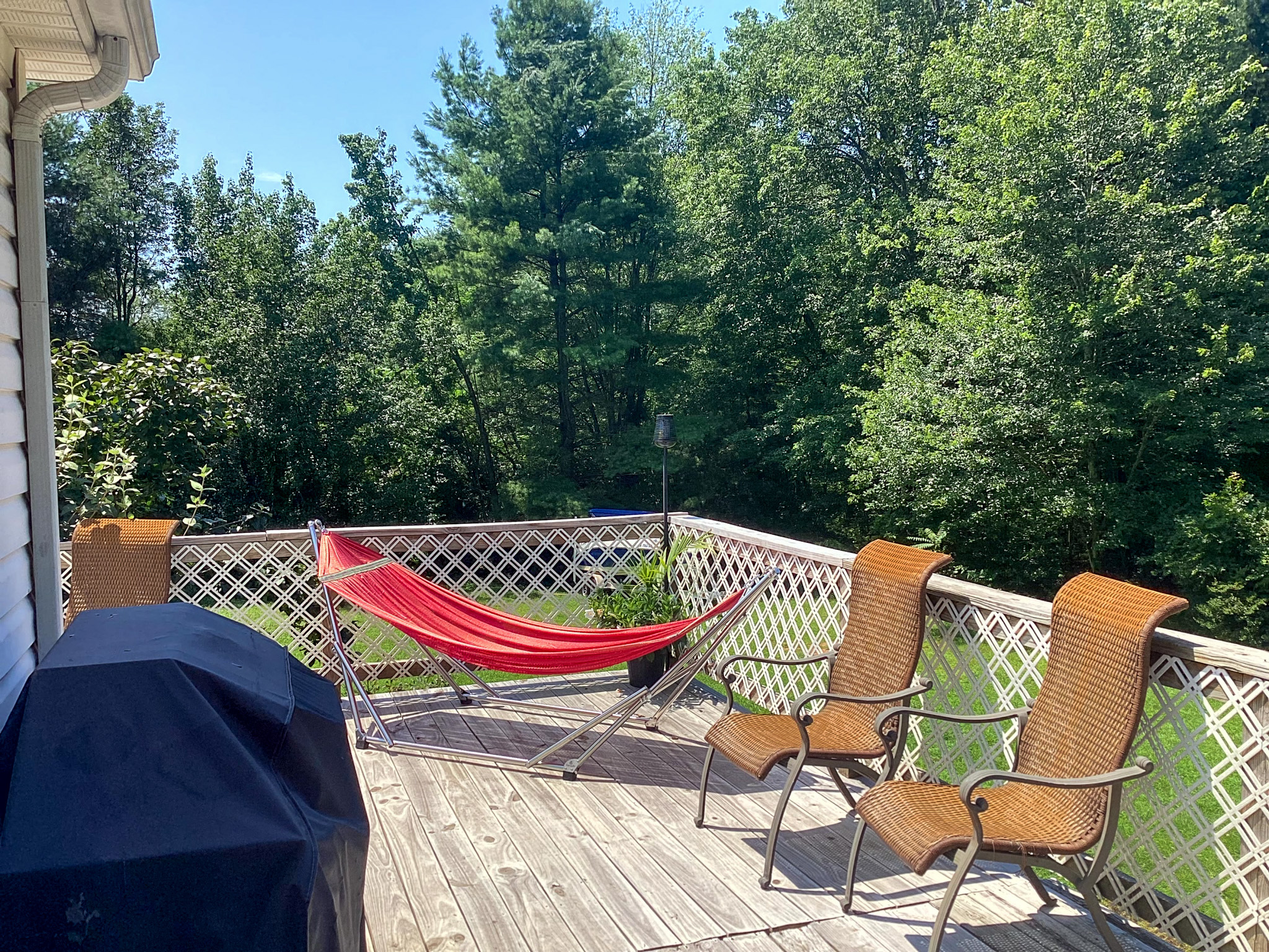 Outdoor deck with three patio chairs, a red hammock, a grill, and a wooded view beyond the railing outside the home of Sponsored Residential Provider Kristen Hensley in Madison County, Virginia.