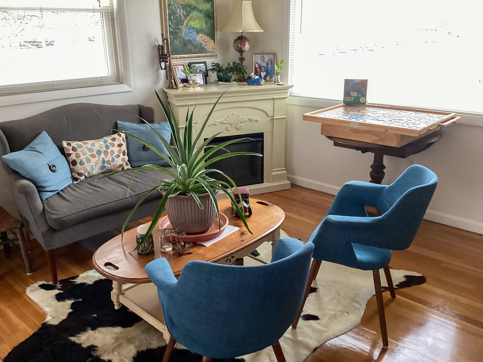 A cozy living space with a gray loveseat, two blue chairs around a wooden coffee table with a potted plant, a fireplace-style cabinet with decor on top, and a wooden side table by a bright window, inside the home of Sponsored Residential Providers Teresa and Billy Herran in Woodbridge, Virginia.