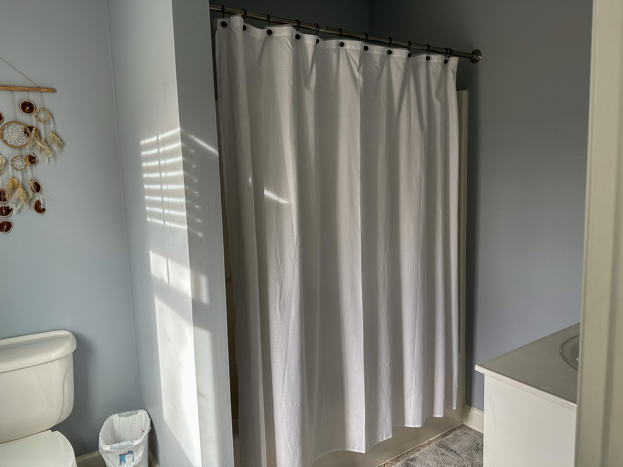 Bathroom with a white shower curtain, light gray walls, toilet, and part of a white sink visible  inside the home of Group Home Providers Felicia and Jason Martin in Amherst, Virginia.