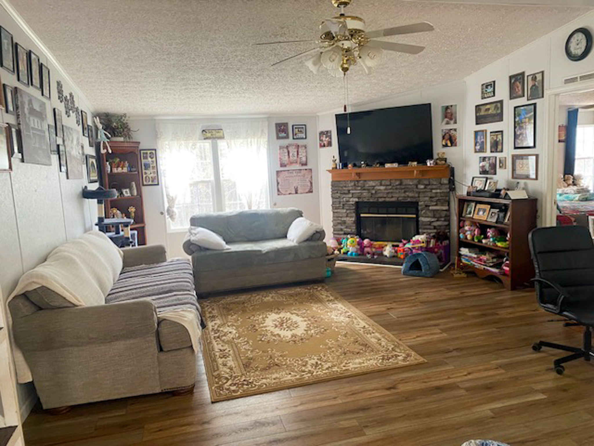 Living room with two sofas, a rug, a fireplace with a TV above it, bookshelves, toys, and family photos on the walls inside the home of Sponsored Residential Provider Angel Dixon in Woodlawn, Virginia.