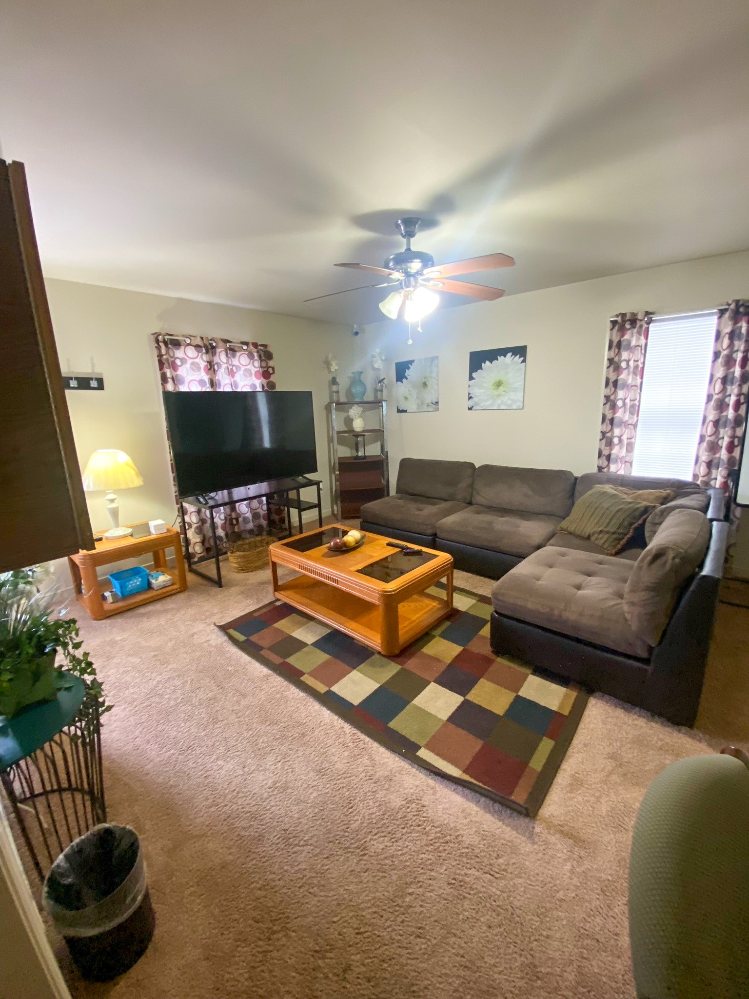 A cozy living room with a sectional sofa, large TV, coffee table, and patterned rug arranged around the center of the space inside the home of Sponsored Residential Providers Xaiver Heath and David Williams in Richmond, Virginia.