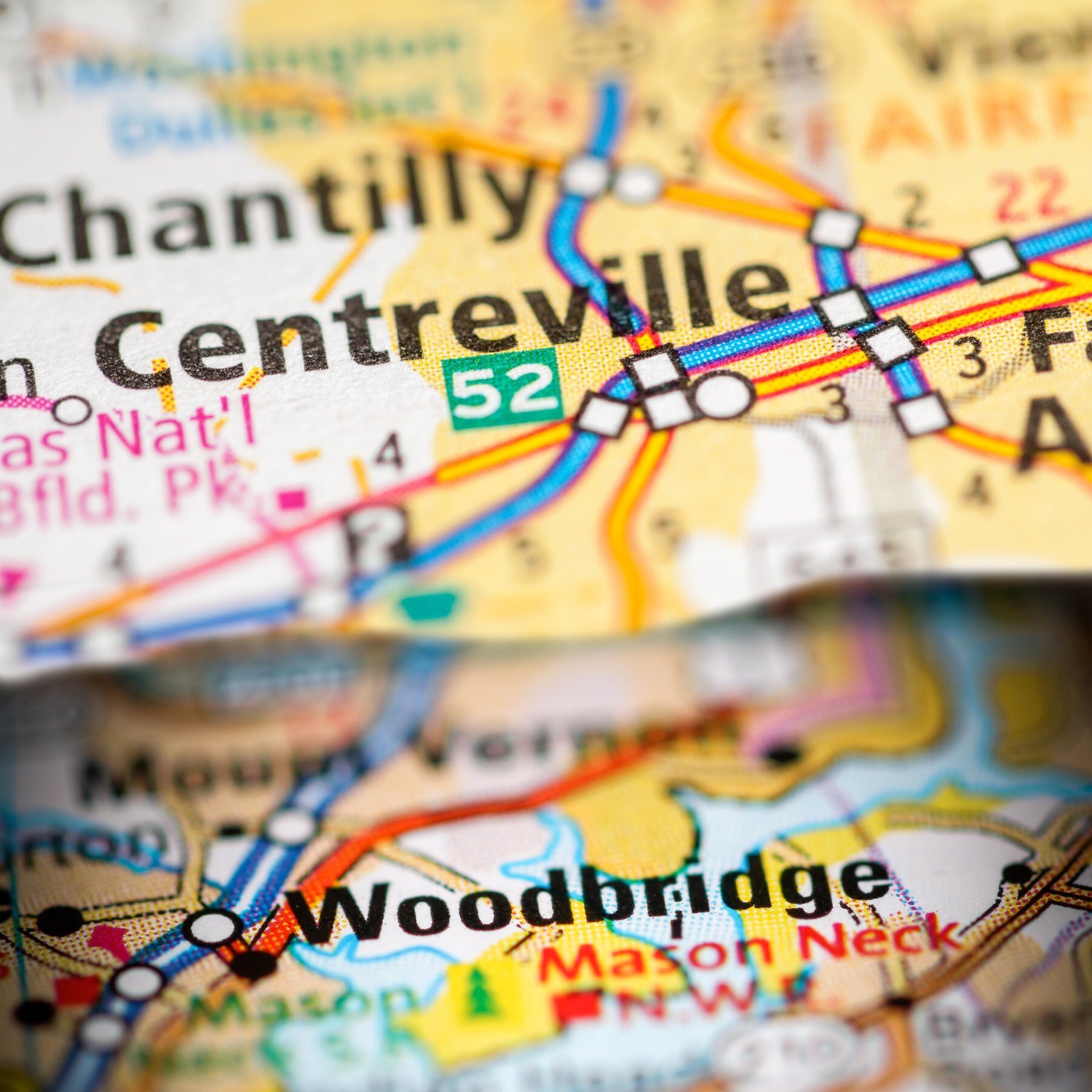 The cities of Chantilly, Centreville, and Woodbridge (NOVA) shown on a map
