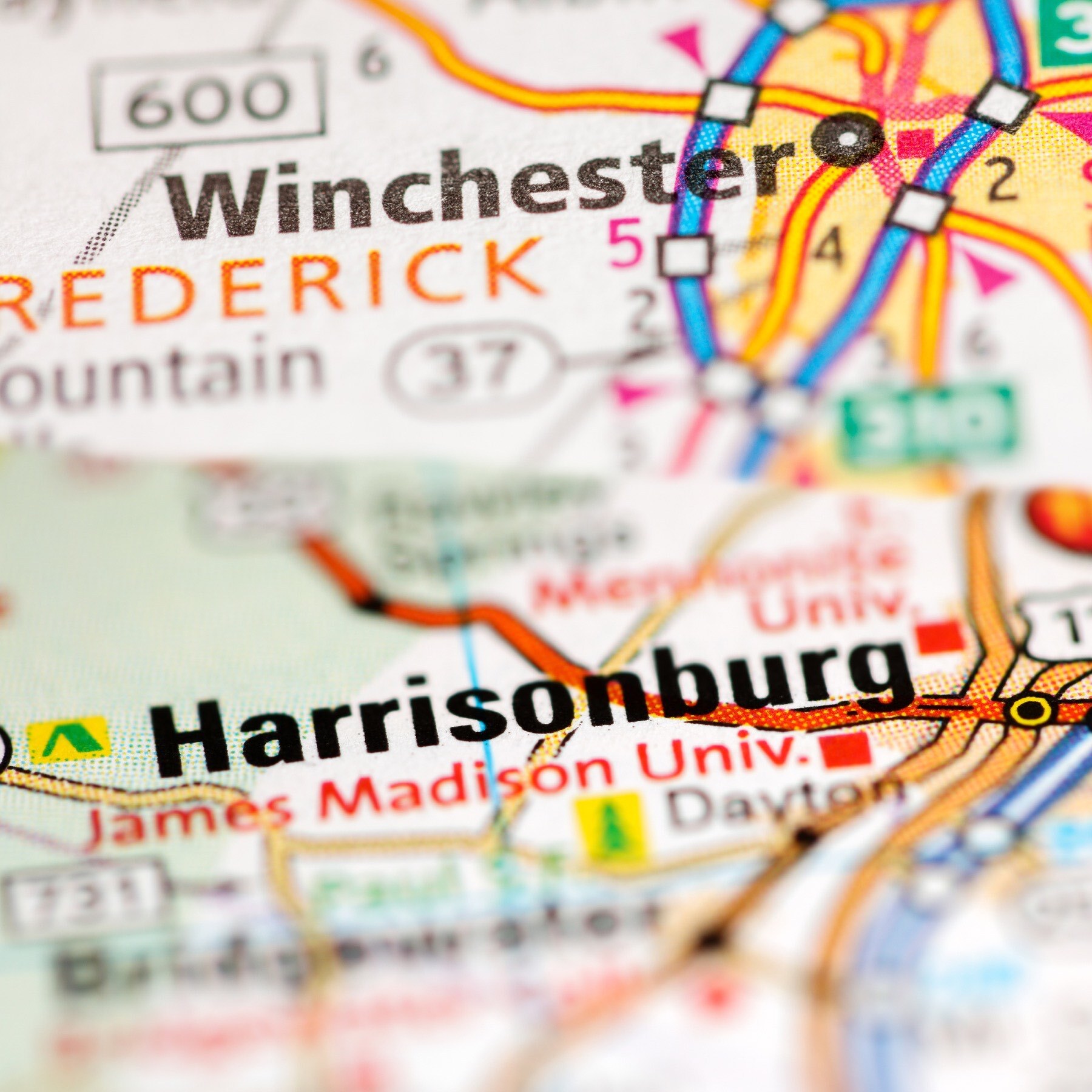 Map showing Winchester and Harrisonburg