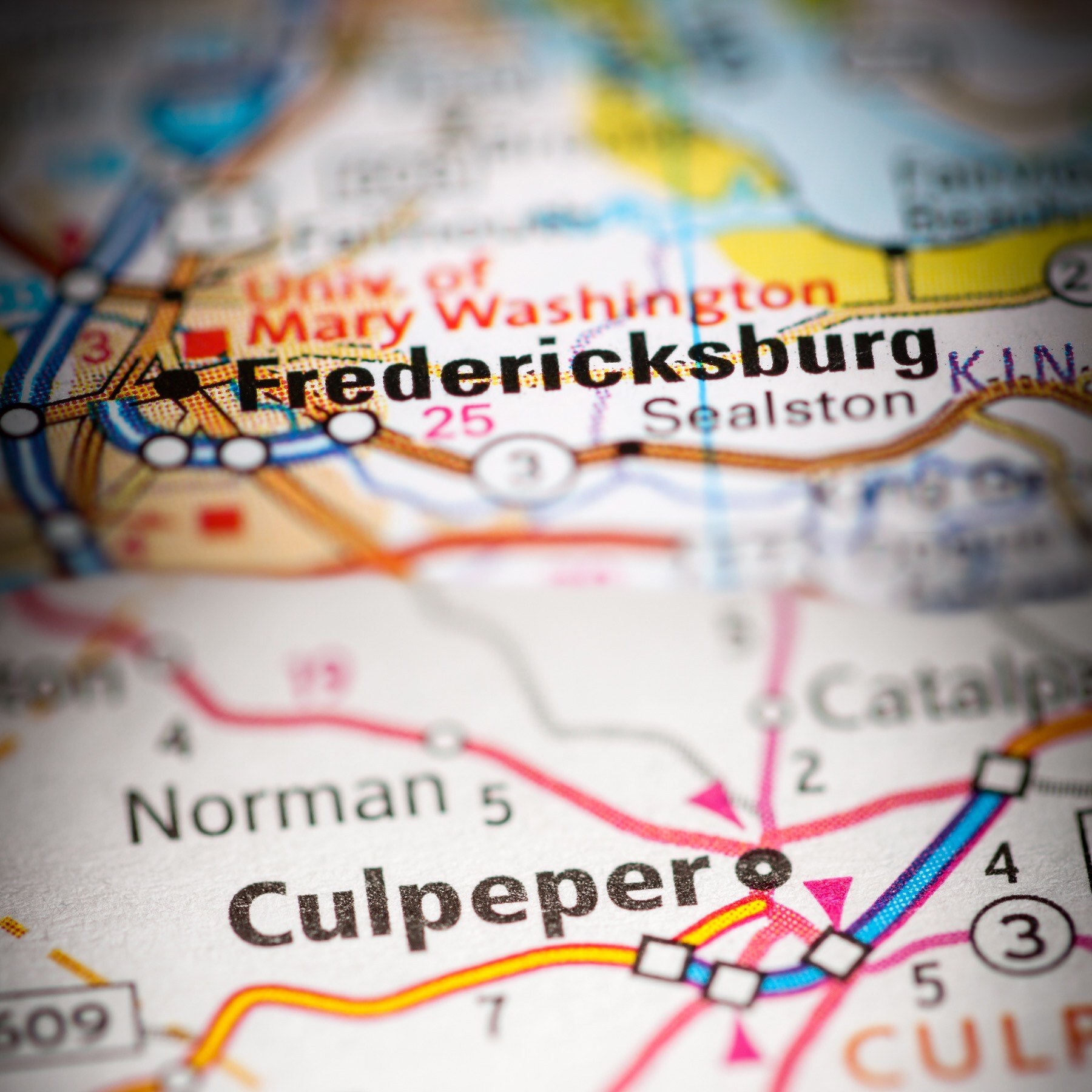 Map showing where Frederickburg, VA and Culpeper, VA are located